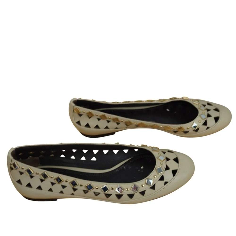 Tory Burch Flats Women Size 5 Cream Leather Studded Laser Cut Out Mirror Work